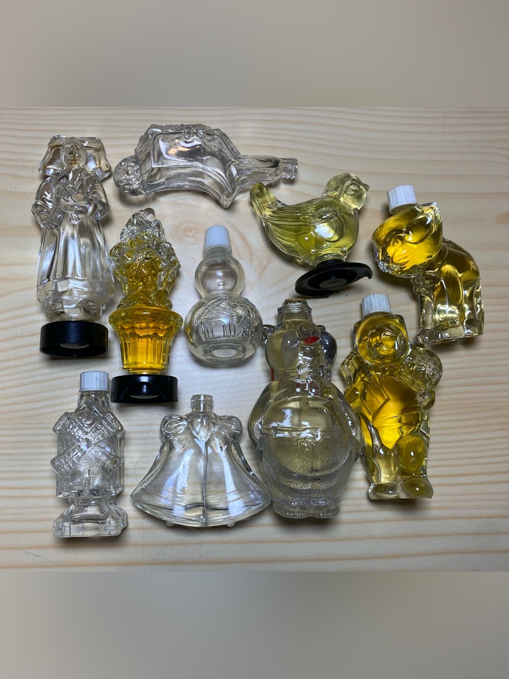 Lot 10 Small Mini Perfume Cologne Novelty Glass Bottles Bells Bird Cat Vintage